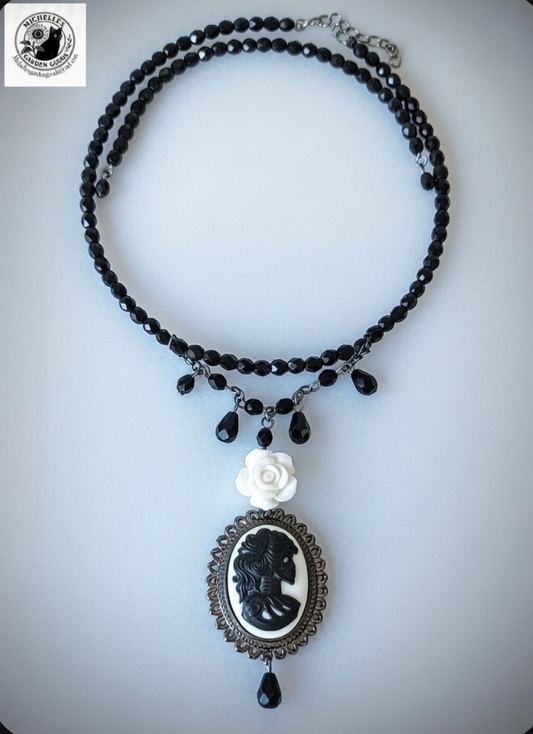 Dangling Skeleton Cameo Choker Necklace With Crystal Black Beads