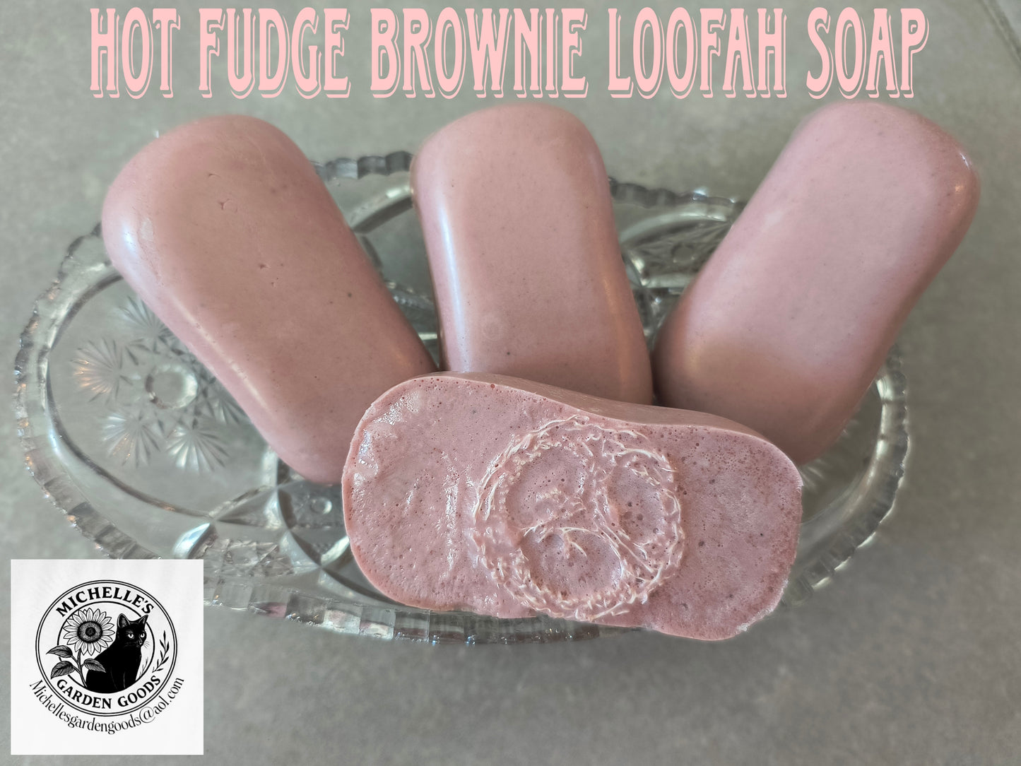 Ingredients: Sunflower Petals Infused with Sunflower Oil. Shea Butter. Cocoa Butter. Hot Fudge Brownie scent. Dead Sea mud. Brown Mica Powder. 

Small loofah Inside of the soap for exfoliating. 

Moisturizing, Cleansing and Exfoliating. 

Dimensions H 1" x L 3.75" x W 2". Weight 3.20 Oz. 