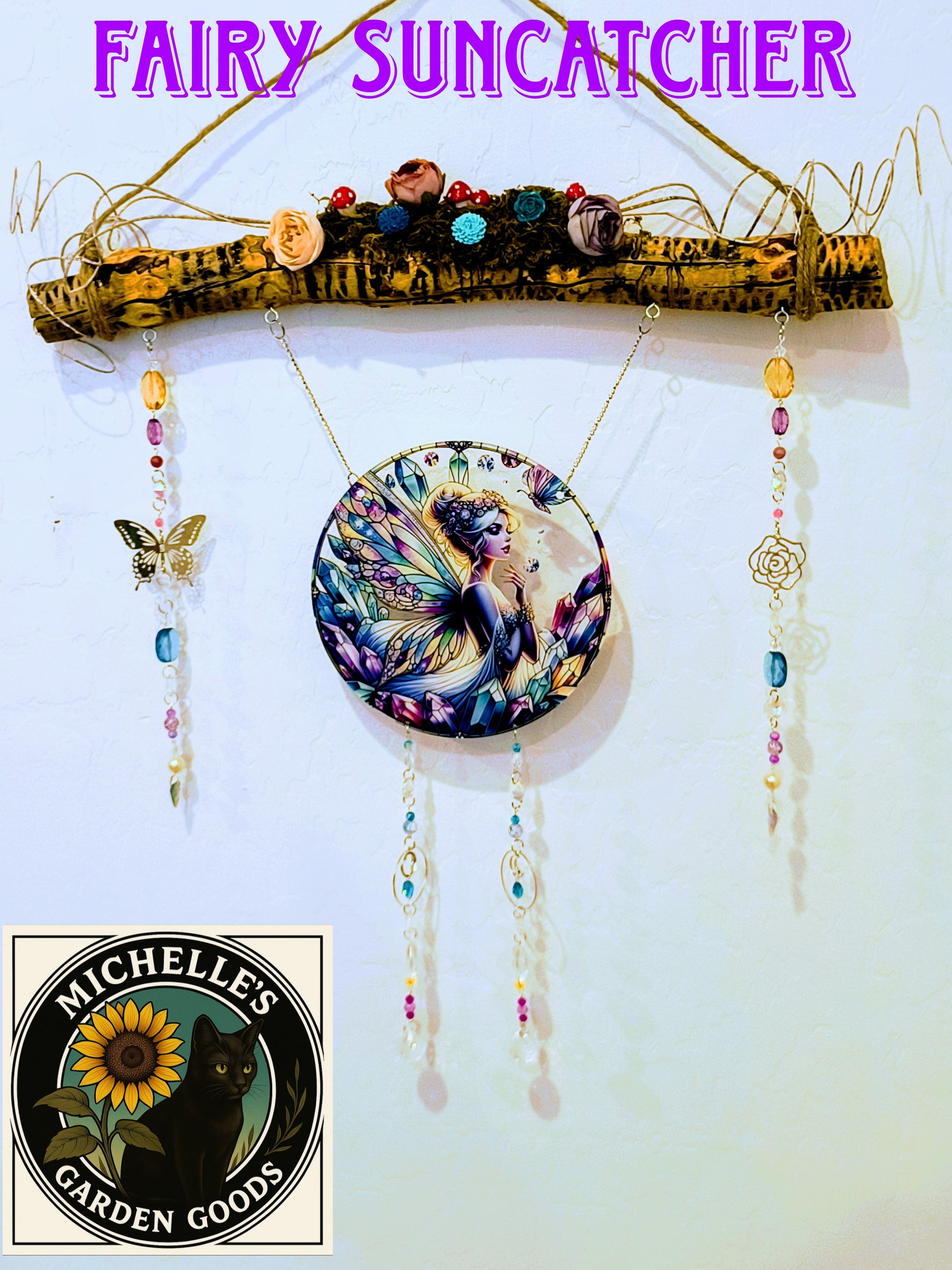 This beautiful piece has a wooden branch holding the piece together. With a mystical top part of moss, flowers and mushrooms to give the Fairyland feel. The gorgeous display of prism lights from the Crystal beads is spellbound.&nbsp;

Dimensions 21" x 23" x 1.5". Weight 20 Oz.