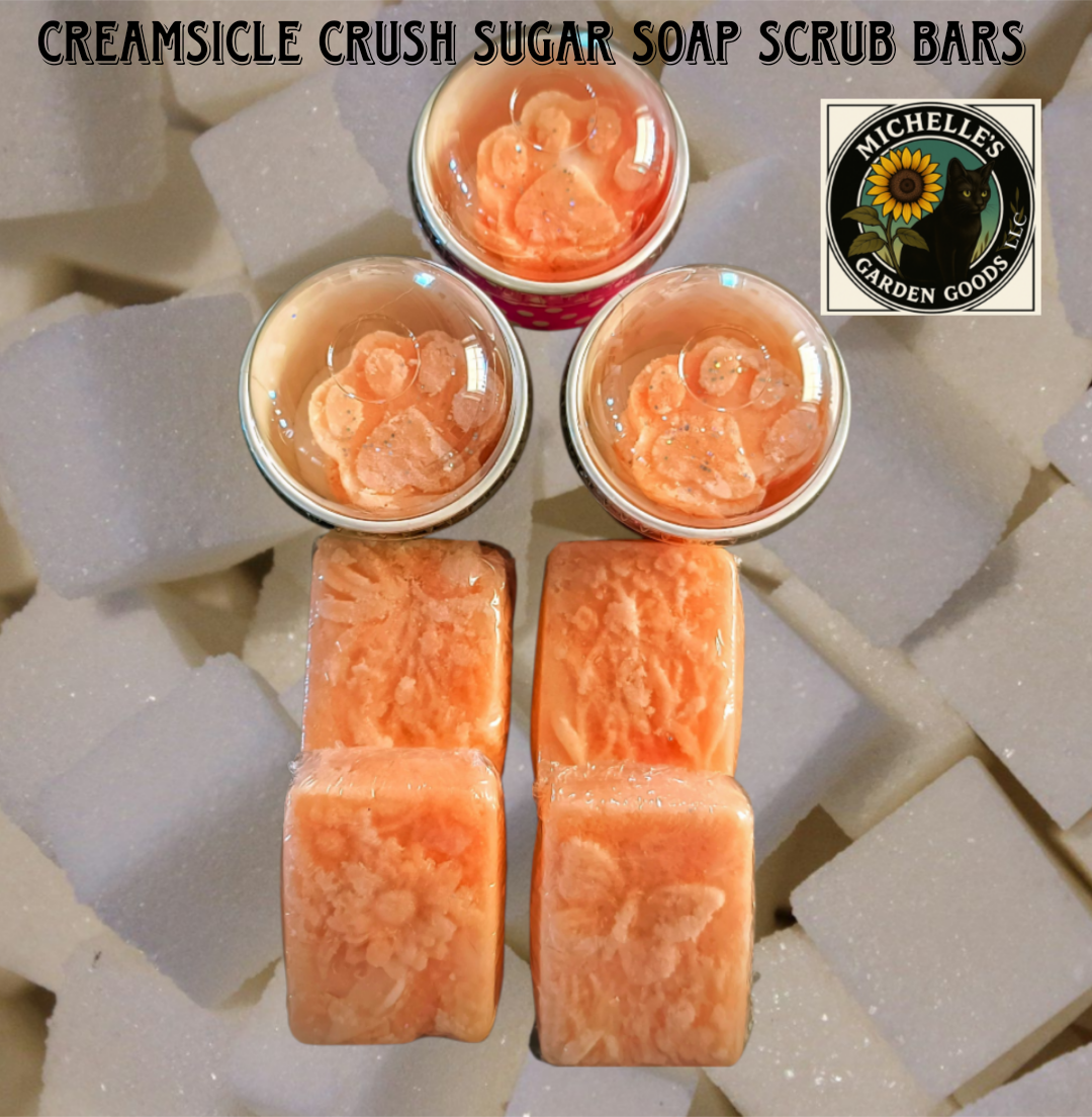 These Sugar Scrub Soap Bars give you a wonderful exfoliating and cleansing experience for a softer feel after the shower or bath. The oil is very moisturizing.

Ingredients: Baker's Cane Sugar, Shea Soap Base, Coconut Oil, Polysorbate 80, Creamsicle Crush Fragrance. 3.75 Oz