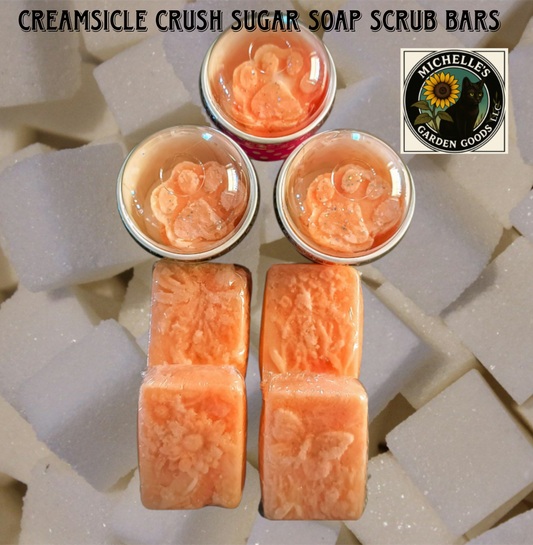 These Sugar Scrub Soap Bars give you a wonderful exfoliating and cleansing experience for a softer feel after the shower or bath. The oil is very moisturizing.

Ingredients: Baker's Cane Sugar, Shea Soap Base, Coconut Oil, Polysorbate 80, Creamsicle Crush Fragrance. 3.75 Oz