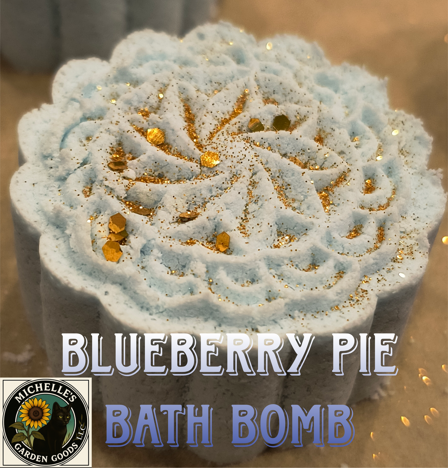 Ingredients: Baking Soda, Citric Acid, SLSa, White Kaolin Clay, Cream of Tartar, Grape Seed Oil, Witch Hazel, Cocamidopropyl Betaine, Polysorbate 80, Blueberry Pie Fragrance, Bath Bomb Safe Blue Color and Gold Eco Friendly Gold Glitter.