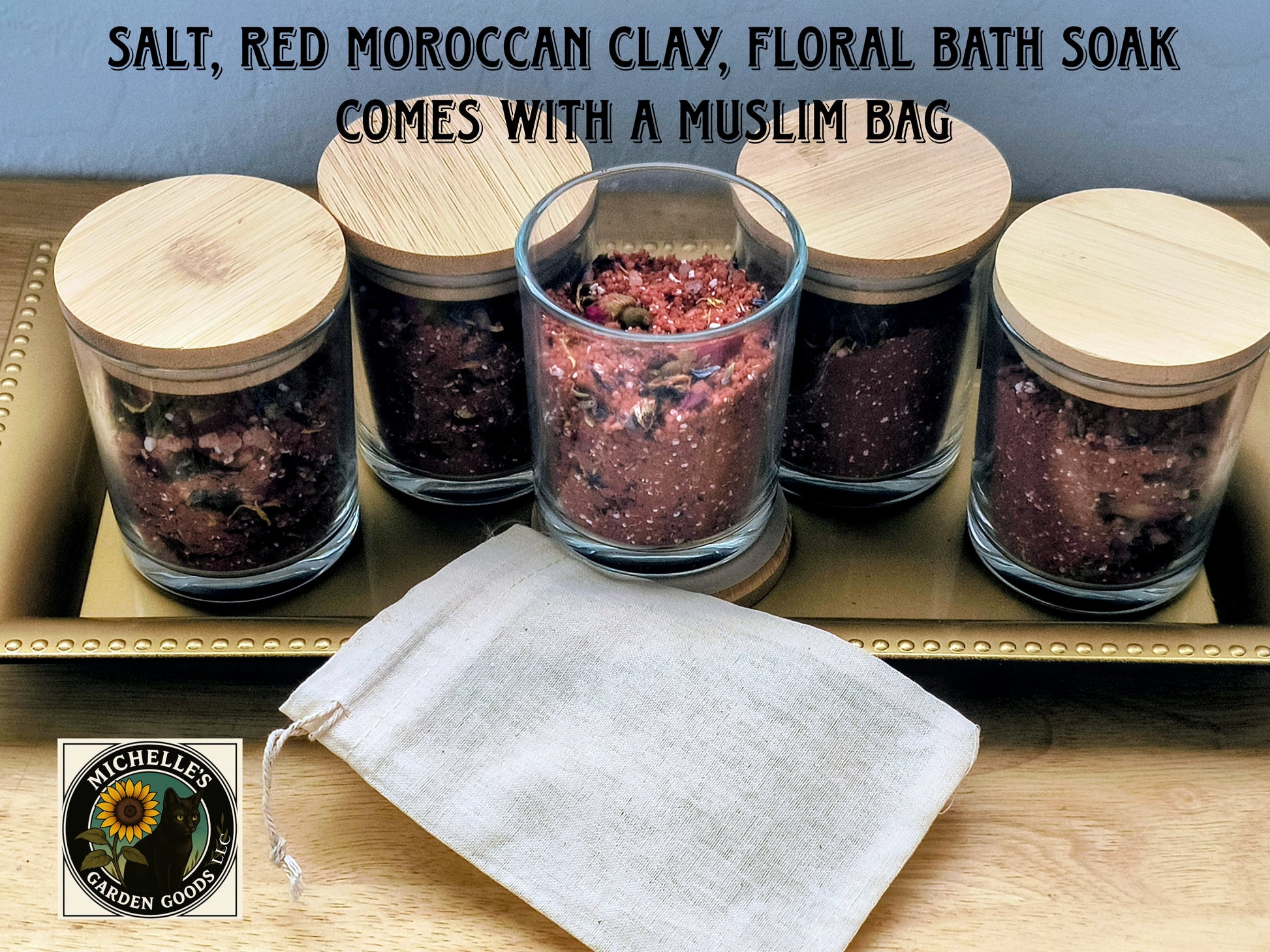 This Salt Clay Floral Soak Bath was made by baking infused Avocado oil with Lavender into the Salts and Clay. After it cooled A few drops of Lavender Fragrance and so many wonderful, dried flowers.&nbsp;

Instructions: Add mixture to the Muslim Bag until it is about half full. Tie up the bag and you can run it under the bath water. This is Red Moroccan Clay with an oil. It will turn your tub a pretty pink.&nbsp;The oils can make your tub slippery so be cautious. Nothing to worry about. It washes right off w