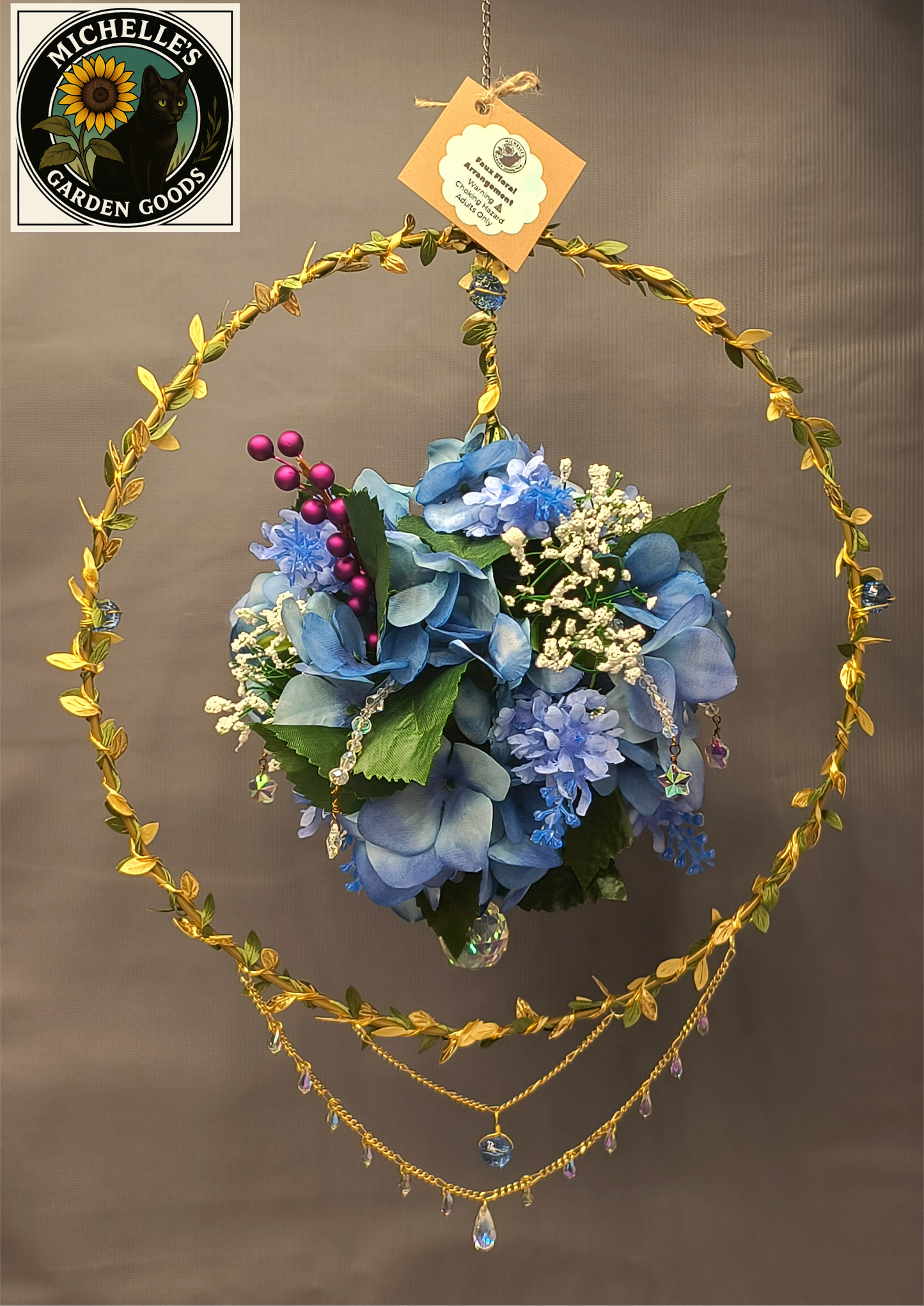 Floral Ball Suncatcher with Crystal Beads&nbsp;

This Beautiful Piece Has Blue Butterfly Hydrangea Floral Arrangement floating in the Gold Leaf Suncatcher Circle Form. Many Crystal Beads Attached on the Ball of Blue Butterfly Hydrangea Flowers and Below the Circle. This Gorgeous Piece Would Be Beautiful for Home or Office Decor.




Dimensions 15" x 18" x 4". Weight 9.34 Oz.