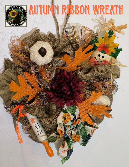 This Cute Wreath made of Bows is a great Fall Decor for your door or Office. Including Pumpkins, Scarecrow and Rolling Pin.&nbsp;

Dimensions 14" x 13" x 4". Weight 10.60 Oz.