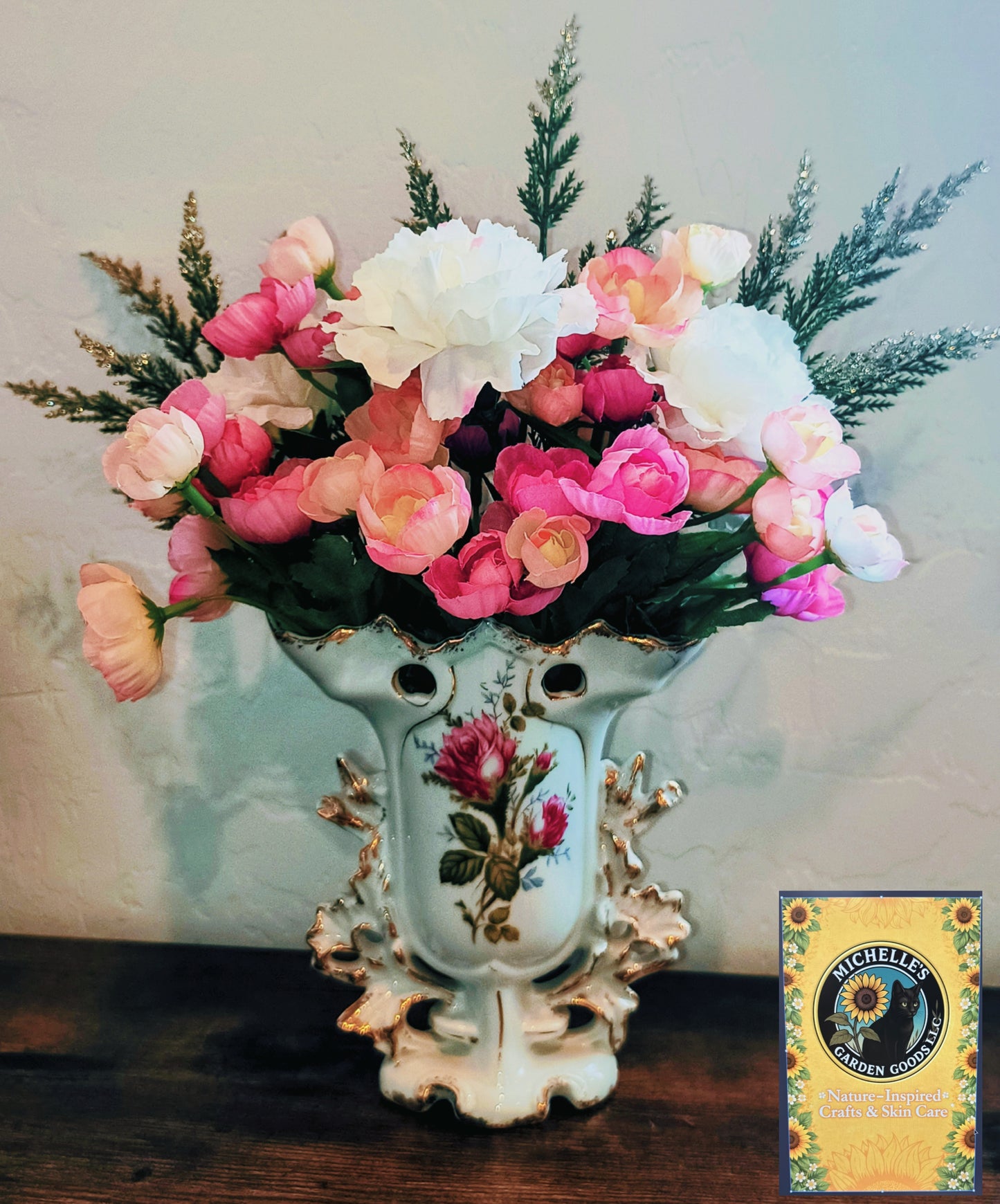 Antique Vase with Pink Roses and White Carnations Floral Arrangement