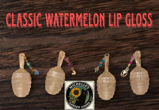Classic Watermelon Lip Gloss with Charm in the cute Honeypots 

Very sweet watermelon taste and moisturizing for your lips. 

Ingredients: Hydrogenated Polyisobutene (and) Ethylene/Propylene/Styrene Copolymer (and) Butylene/Ethylene/Styrene Copolymer, Caprylic/Capric Triglycerides, Flavor, Mica, Titanium Dioxide, Iron Oxides. Castor Oil, Vitamin E Oil, Lip Smacking Sweetener, Classic Watermelon Lip Safe Flavor. 0.130 Oz / 3.6g Pahrump NV 